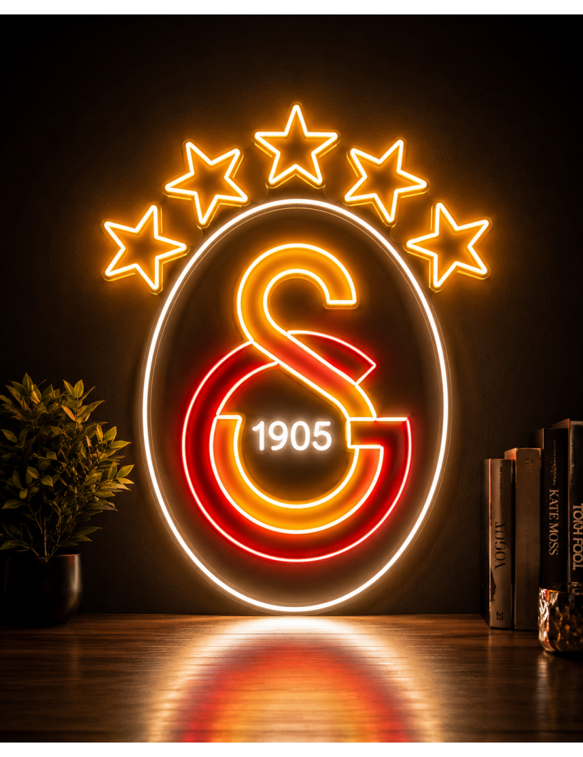Galatasaray 5 Yıldızlı Logo LED Neon Tabela 65 cm Galatasaray 5 yıldızlı logo LED neon tabela 65 cm beyaz pleksi üzerine sarı kırmızı ışıklı dekoratif duvar tabelası