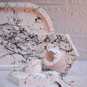 Beyaz Beton Döküm Mermer Efekt 7 Parça Oval Sunum Seti ve 2'li Şamdan Mumluk