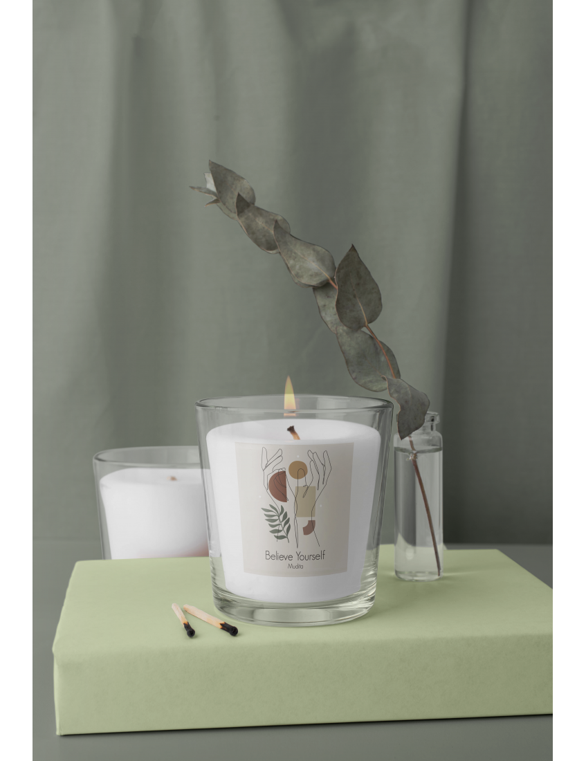 Mudita Believe Yourself el yapımı kokulu şeffaf cam bardak mum