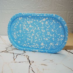 Mavi  Terrazzo Beton Döküm Oval Sunum Tabağı Veya Terrazo Mum Tabağı 24 Cm