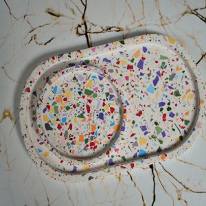 Terrazzo 2'li Beton Döküm Oval Sunum Tabağı Veya Terrazo Mum Tabağı 24 cm