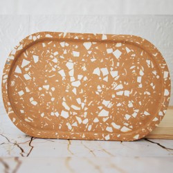 Camel Terrazzo Beton Döküm Oval Sunum Tabağı Veya Terrazo Mum Tabağı 24 cm