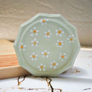 Beton Döküm Yeşil Papatya Desen Dekoratif Tabak Bardak Altlığı veya Mum Tabağı