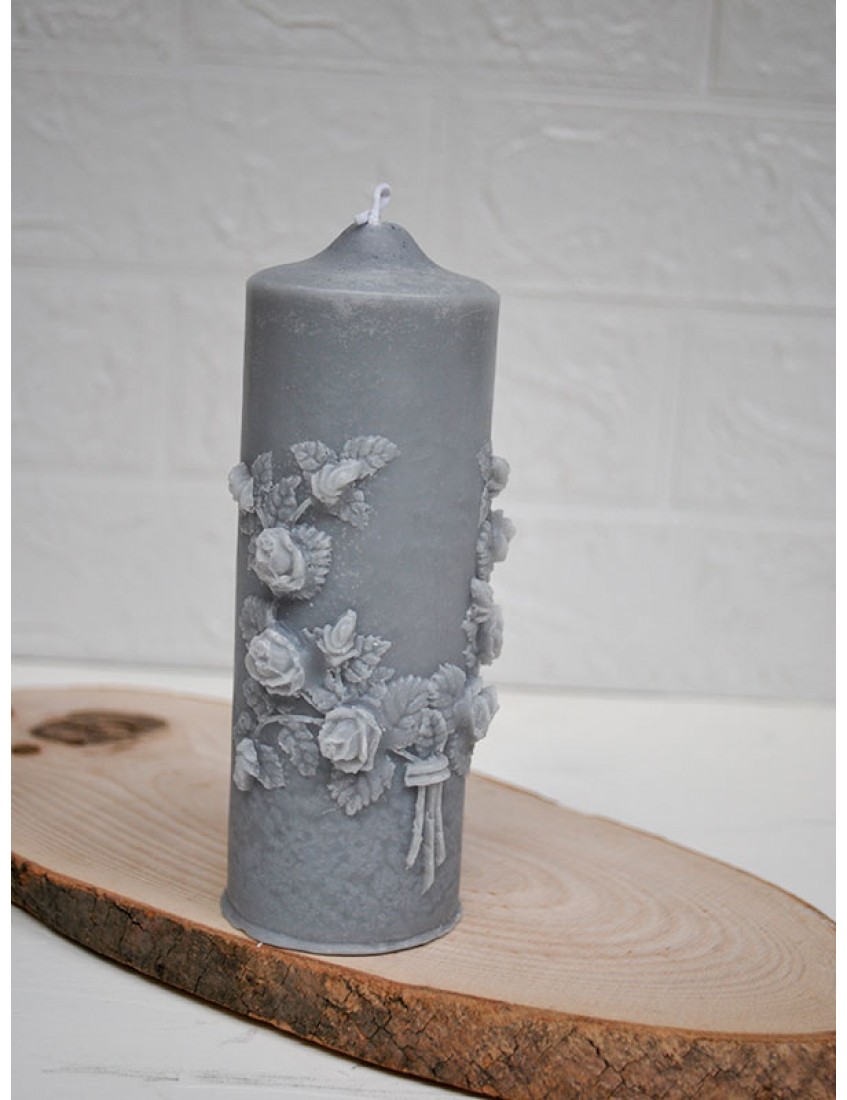 Dekoratif Silindir Mum Çiçekli Kokulu Mum 15cm GRİ