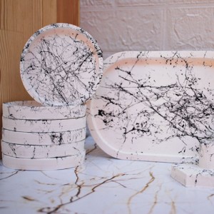 Beyaz Beton Döküm Mermer Efekt 7 Parça Oval Sunum Seti ve 2'li Şamdan Mumluk