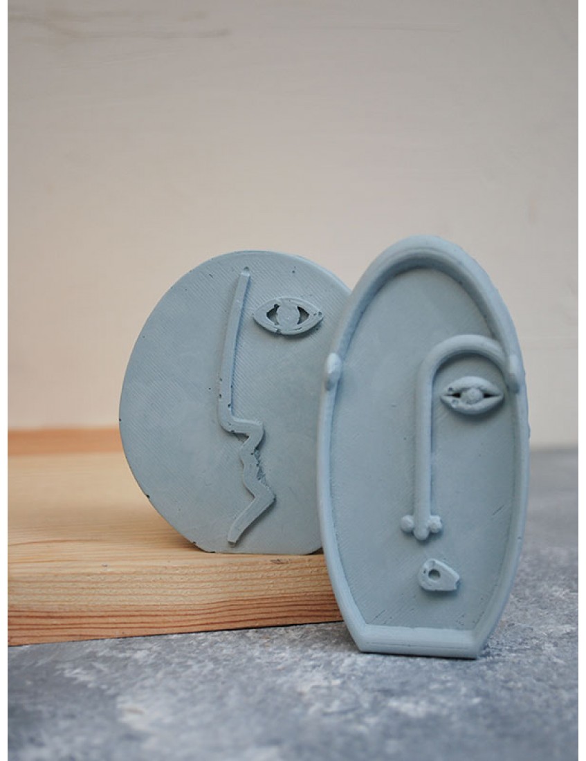 2li iskandinav tasarım soyut yüz beton obje mavi, dekoratif heykel seti