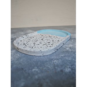 Mavi Terrazzo Beton Döküm Oval Sunum Tabağı Veya Terrazo Mum Tabağı 24 Cm