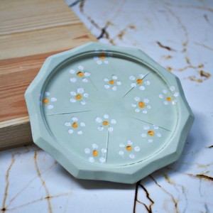 Beton Döküm Yeşil Papatya Desen Dekoratif Tabak Bardak Altlığı veya Mum Tabağı
