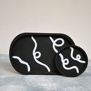 2'li Siyah Beton Döküm Oval Sunum Tabağı  Mum Tabağı ve Organizer