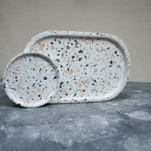 Camel Terrazzo 2'li Beton Döküm Oval Sunum Tabağı Veya Terrazo Mum Tabağı 24 Cm