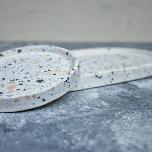 Camel Terrazzo 2'li Beton Döküm Oval Sunum Tabağı Veya Terrazo Mum Tabağı 24 Cm