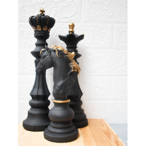 Beton Döküm Şah, At, Vezir, 3lü Satranç Takımı Siyah Heykel Takımı