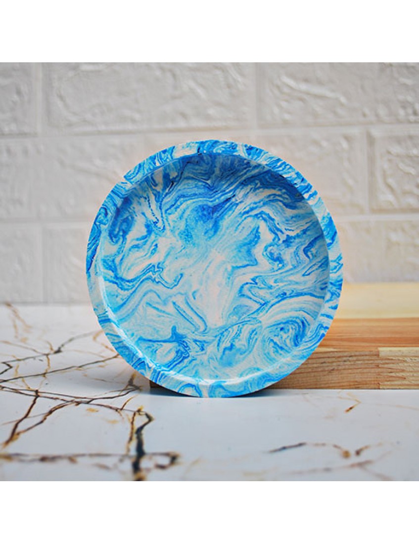 Beton Döküm Tekli Yuvarlak Mavi  Mum Tabağı Mumluk