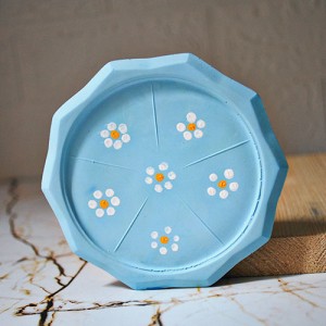 Beton Döküm Mavi Papatya Desen Dekoratif Tabak Bardak Altlığı veya Mum Tabağı