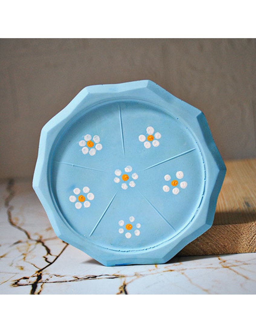 Beton Döküm Mavi Papatya Desen Dekoratif Tabak Bardak Altlığı veya Mum Tabağı