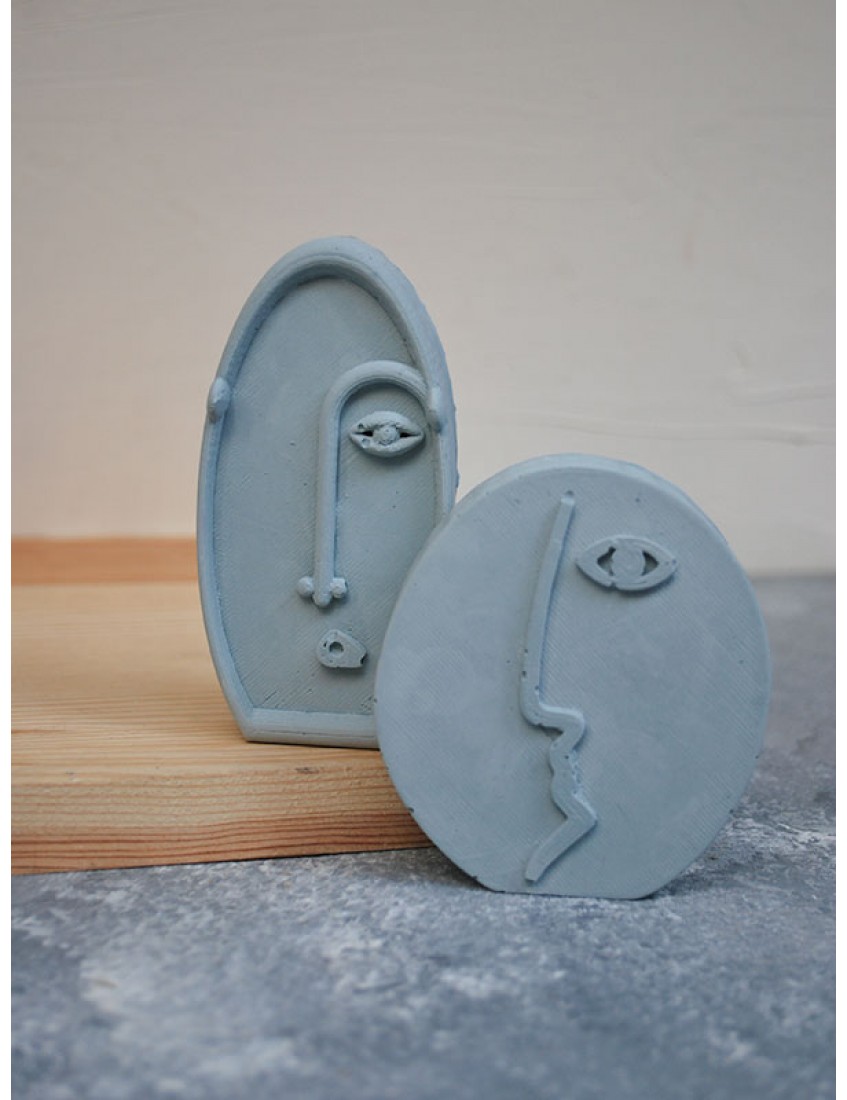 2li iskandinav tasarım soyut yüz beton obje mavi, dekoratif heykel seti