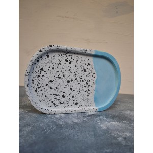 Mavi Terrazzo Beton Döküm Oval Sunum Tabağı Veya Terrazo Mum Tabağı 24 Cm