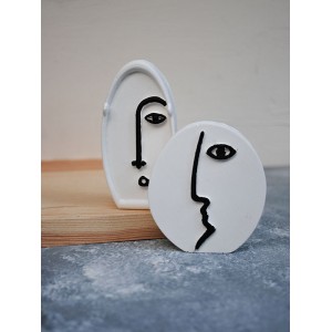 2'li İskandinav Tasarım Dekoratif Heykel Soyut Yüz Beton Obje Seti BEYAZ