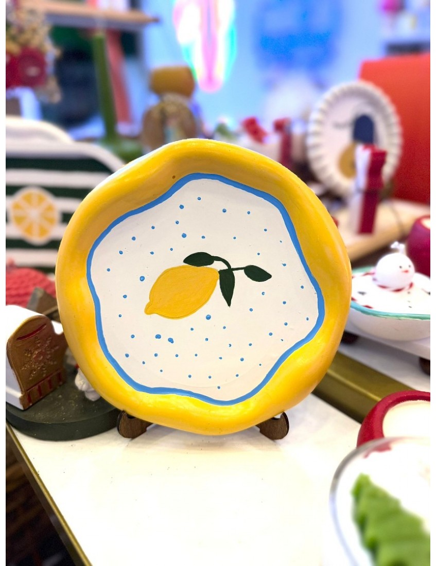 dekoratif limon desenli cozy tarz tabak, limon desenli sunum tabağı