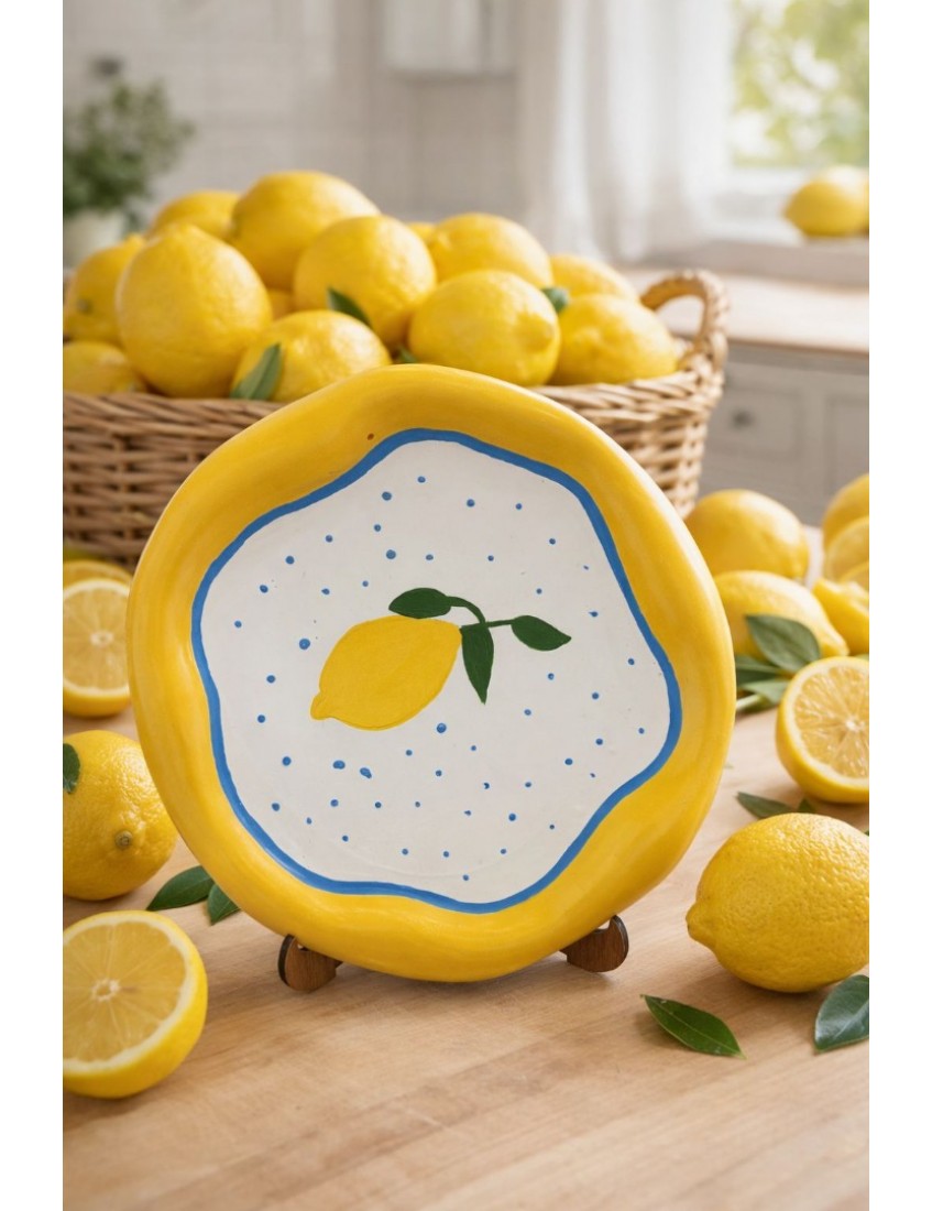 dekoratif limon desenli cozy tarz tabak, limon desenli sunum tabağı