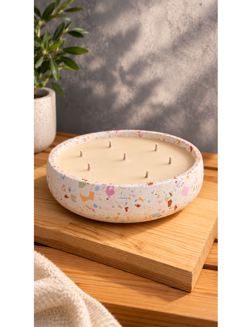 Terrazzo Çanak Kokulu Mum Dekoratif Mum Çift Fitilli Çanak Mum